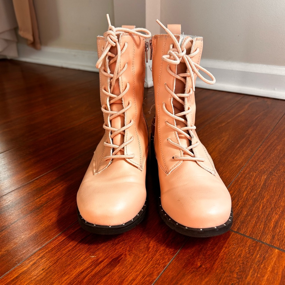 Pink Combat Moto Boots with Lace-Up Design